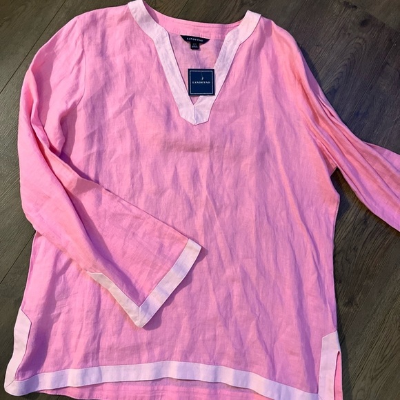 LANDS END 100% LINEN Split Neck 3/4 Sleeve Tunic Top Lagenlook Breathable 14-16 - Picture 2 of 6